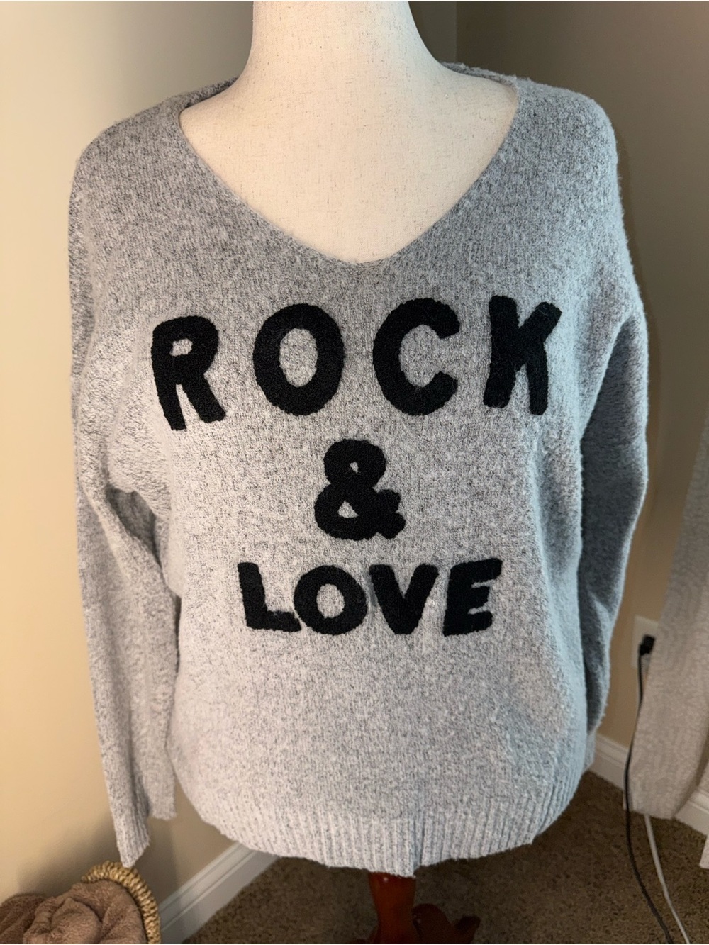 Elan Light Gray V-Neck Sweater with Black 'ROCK & LOVE' Lettering